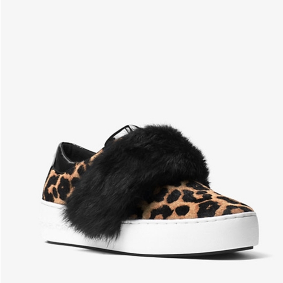 NWT MICHAEL Michael Kors Maven Calf Hair/Rabbit Fur Leopard Print Sneakers sz 10 - Picture 1 of 17
